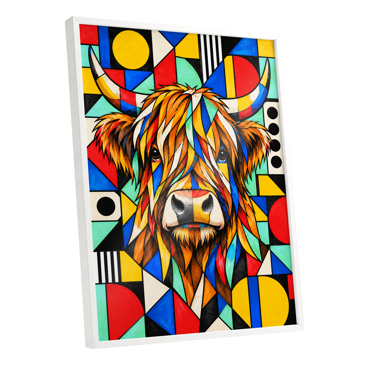 Highland Kaleidoscope, orange, black, yellow nature wall art shown as a white framed poster wall art print