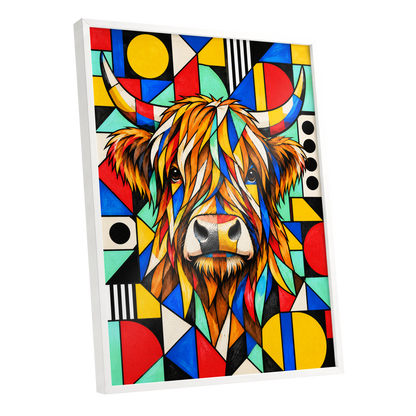 Highland Kaleidoscope, orange, black, yellow nature wall art shown as a white framed poster wall art print
