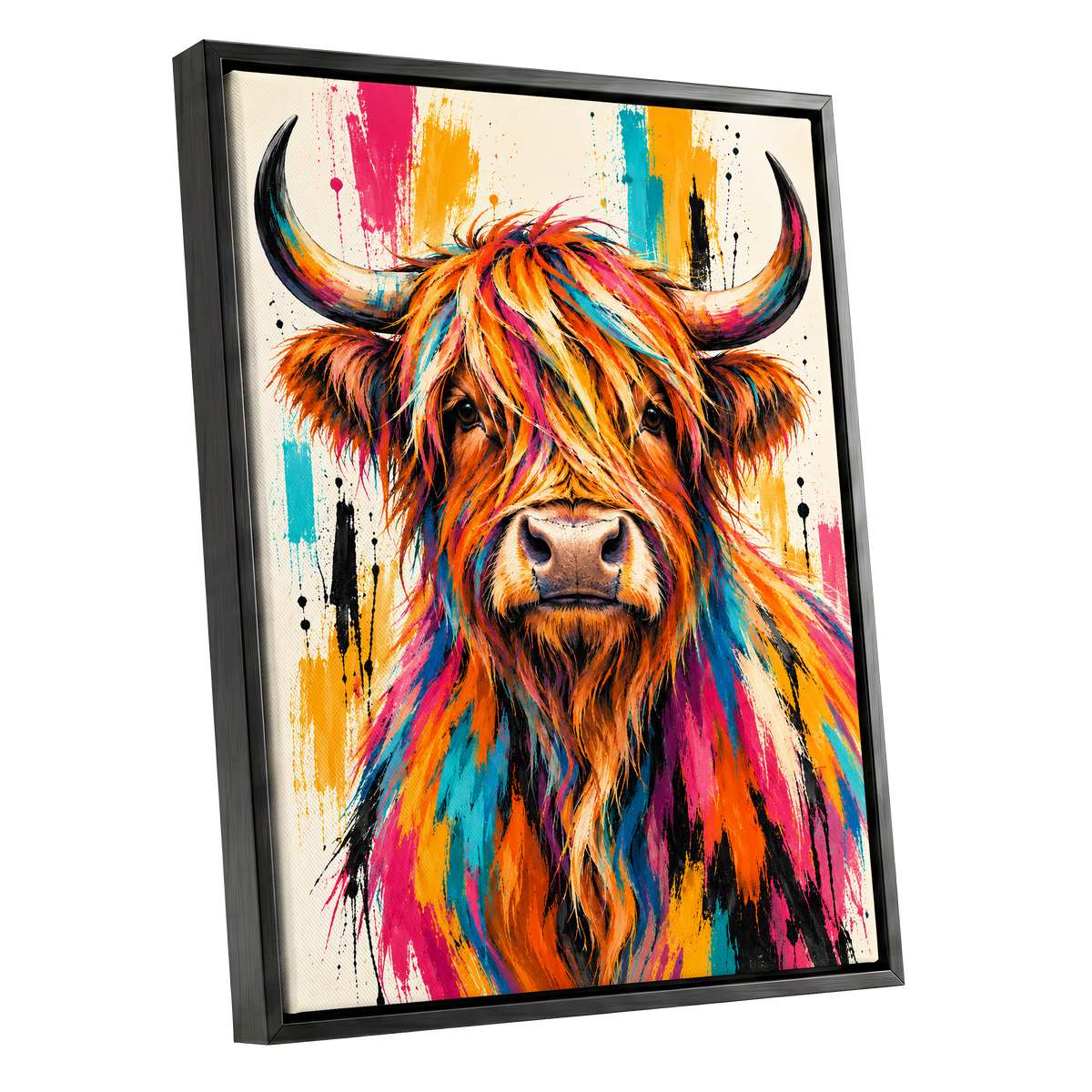 Highland Paintstorm, orange, pink, blue nature wall art shown as a black framed canvas wall art