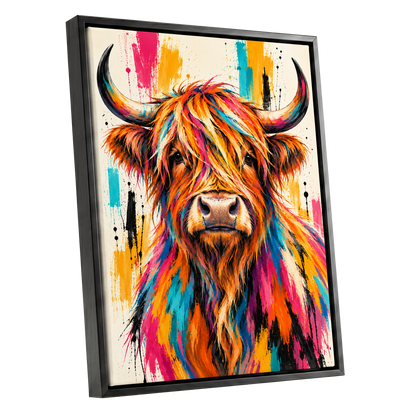 Highland Paintstorm, orange, pink, blue nature wall art shown as a black framed canvas wall art