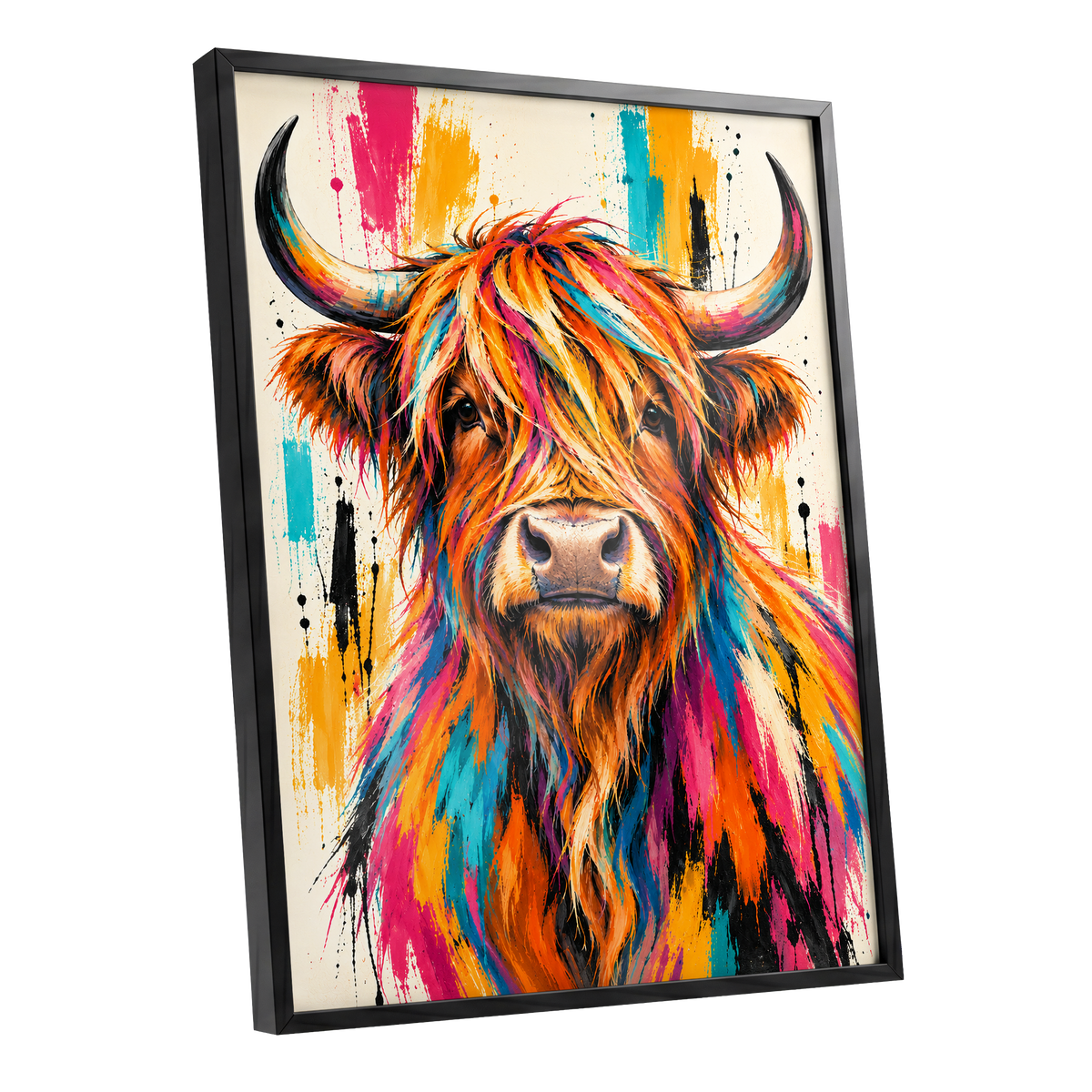 Highland Paintstorm, orange, pink, blue nature wall art shown as a black framed poster wall art print