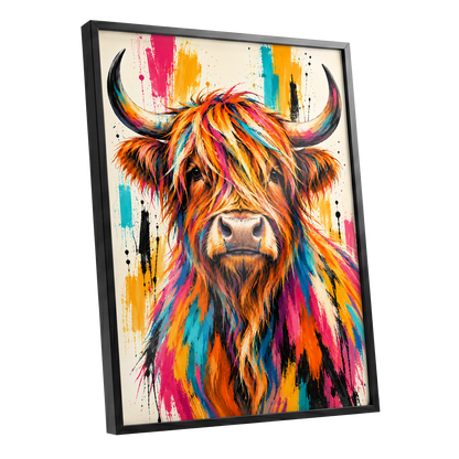 Highland Paintstorm, orange, pink, blue nature wall art shown as a black framed poster wall art print
