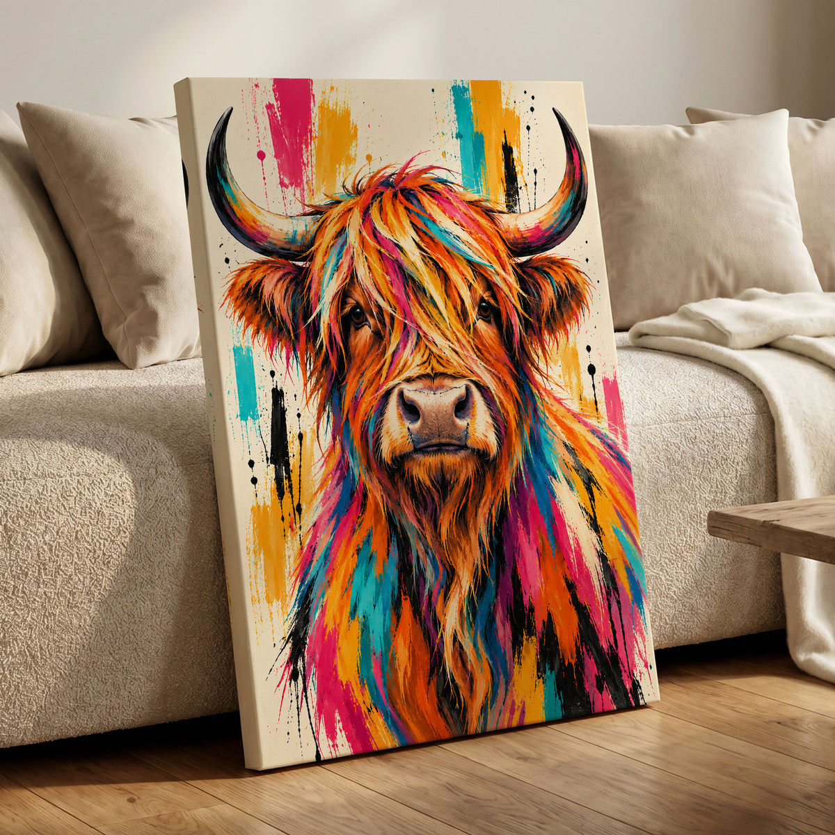 Highland Paintstorm, orange, pink, blue nature wall art on canvas displayed in a styled interior, gallery view 1