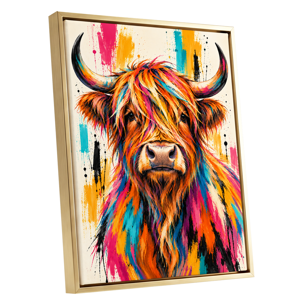Highland Paintstorm, orange, pink, blue nature wall art shown as a gold framed canvas wall art