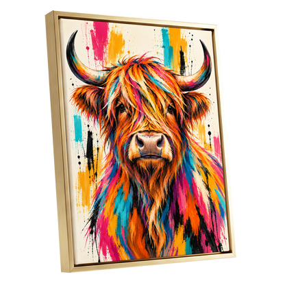 Highland Paintstorm, orange, pink, blue nature wall art shown as a gold framed canvas wall art