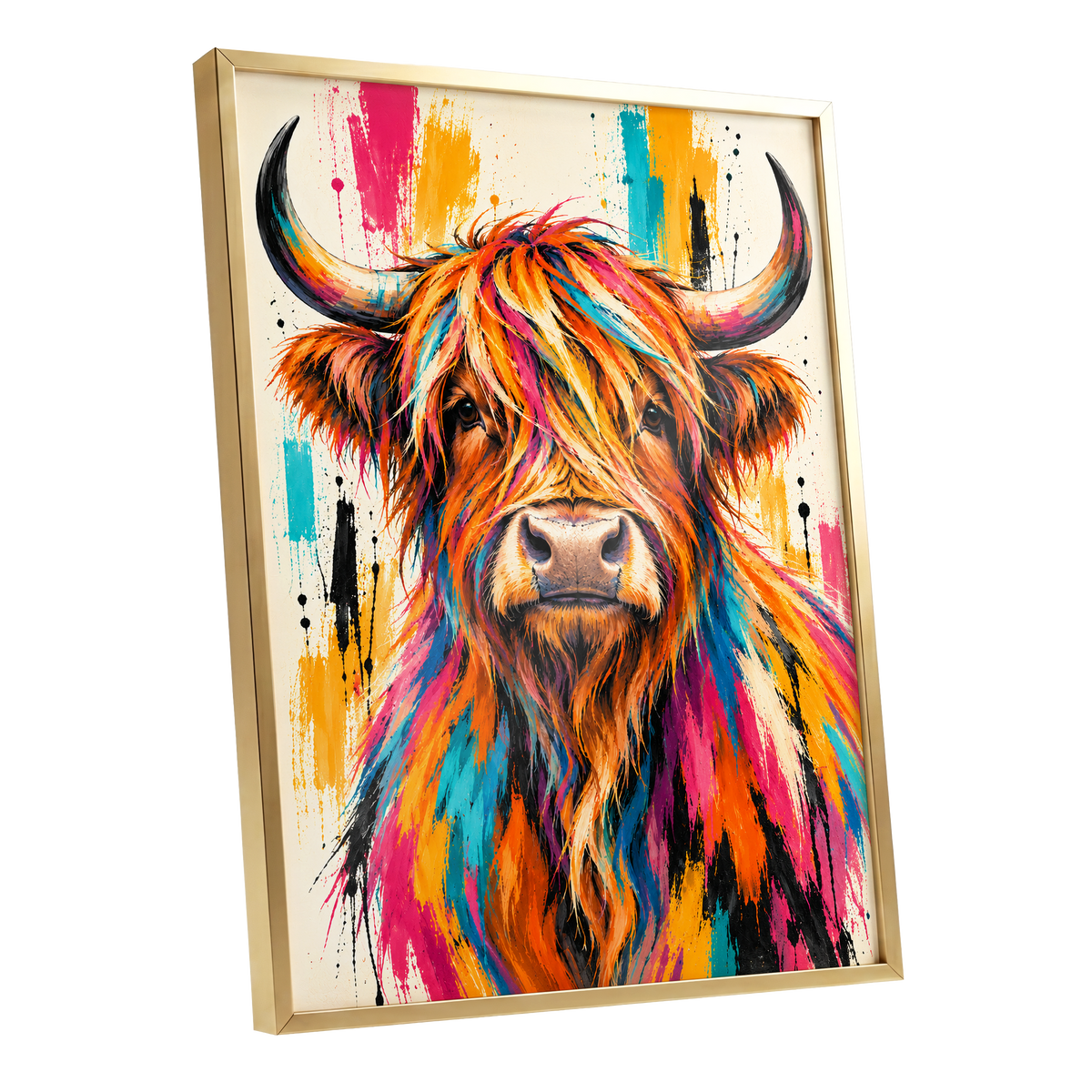 Highland Paintstorm, orange, pink, blue nature wall art shown as a gold framed poster wall art print