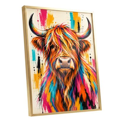 Highland Paintstorm, orange, pink, blue nature wall art shown as a gold framed poster wall art print