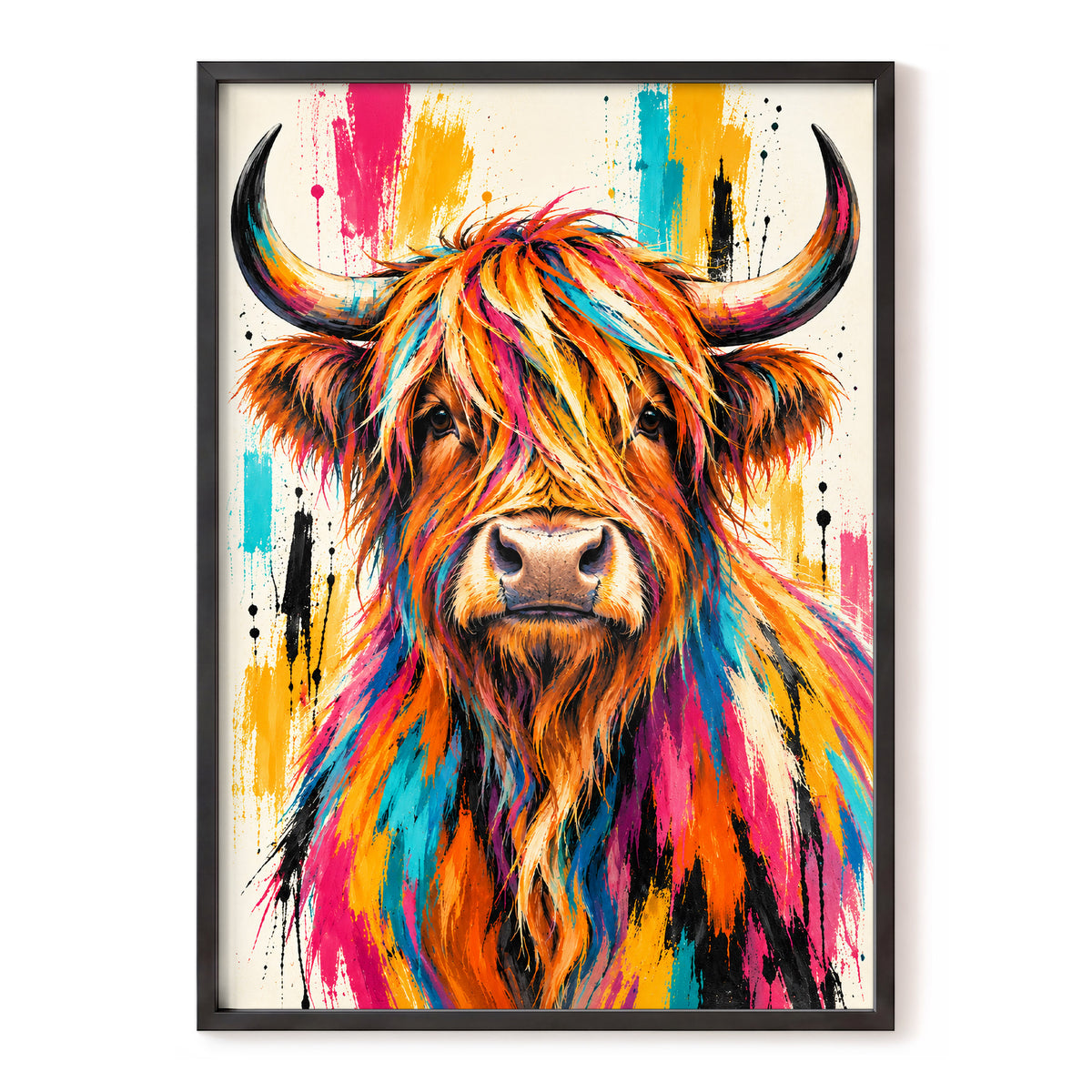 Highland Paintstorm, orange, pink, blue nature wall art, front artwork view