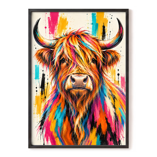 Highland Paintstorm, orange, pink, blue nature wall art, front artwork view