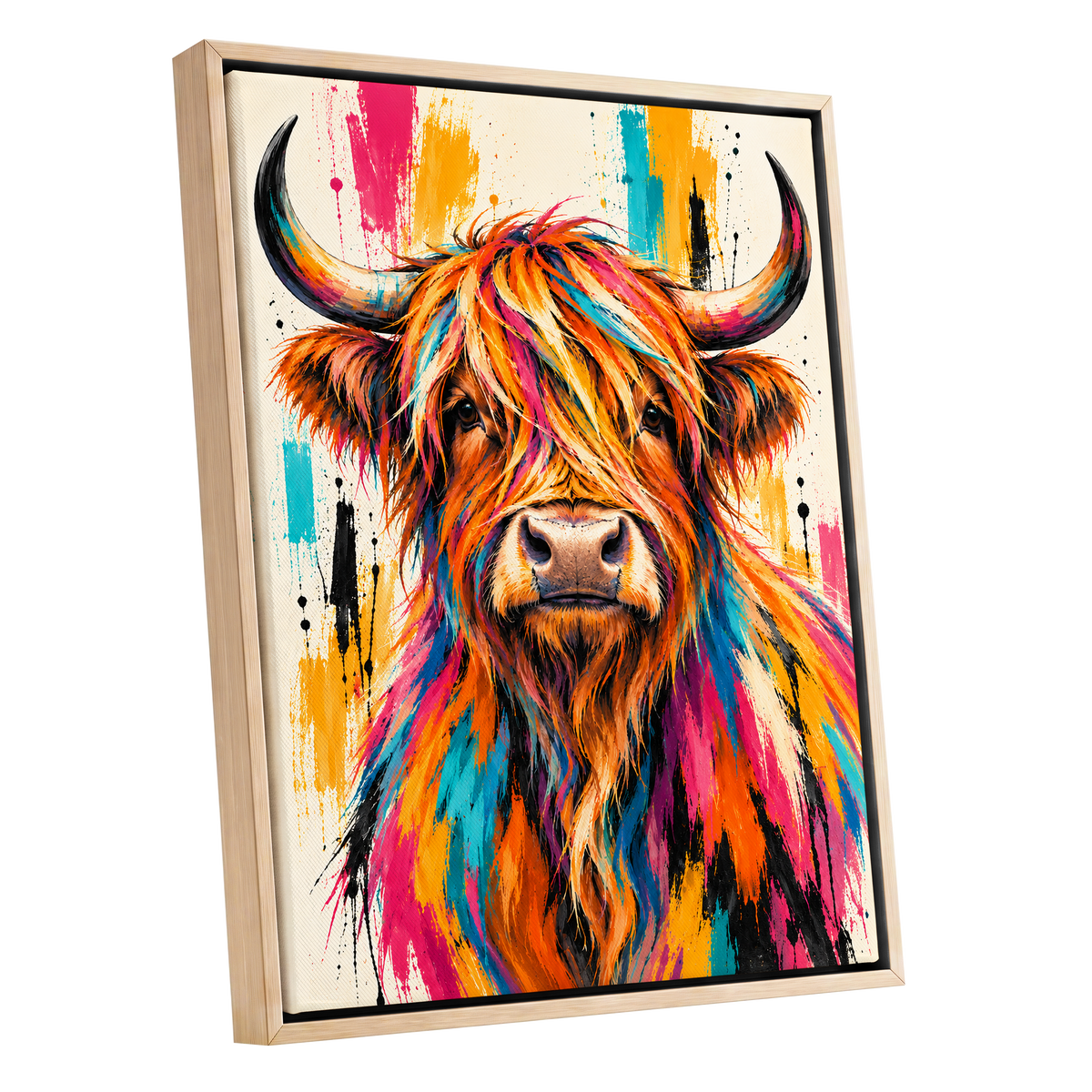 Highland Paintstorm, orange, pink, blue nature wall art shown as a oak framed canvas wall art