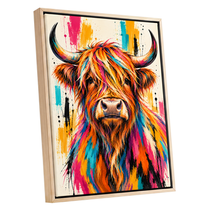 Highland Paintstorm, orange, pink, blue nature wall art shown as a oak framed canvas wall art