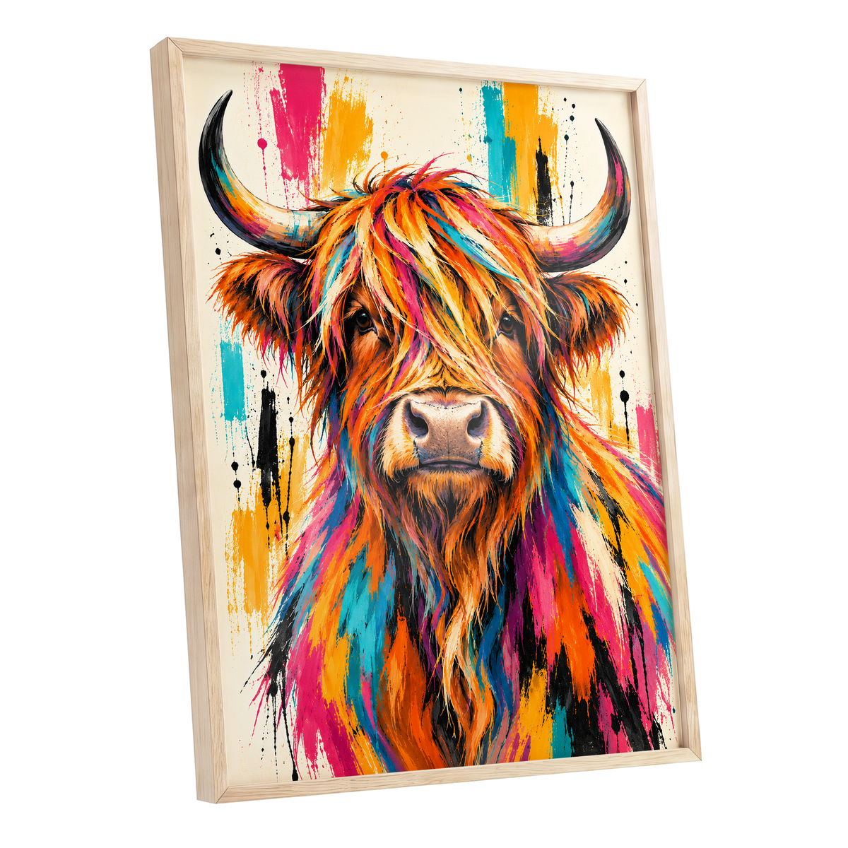 Highland Paintstorm, orange, pink, blue nature wall art shown as a oak framed poster wall art print