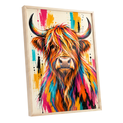 Highland Paintstorm, orange, pink, blue nature wall art shown as a oak framed poster wall art print