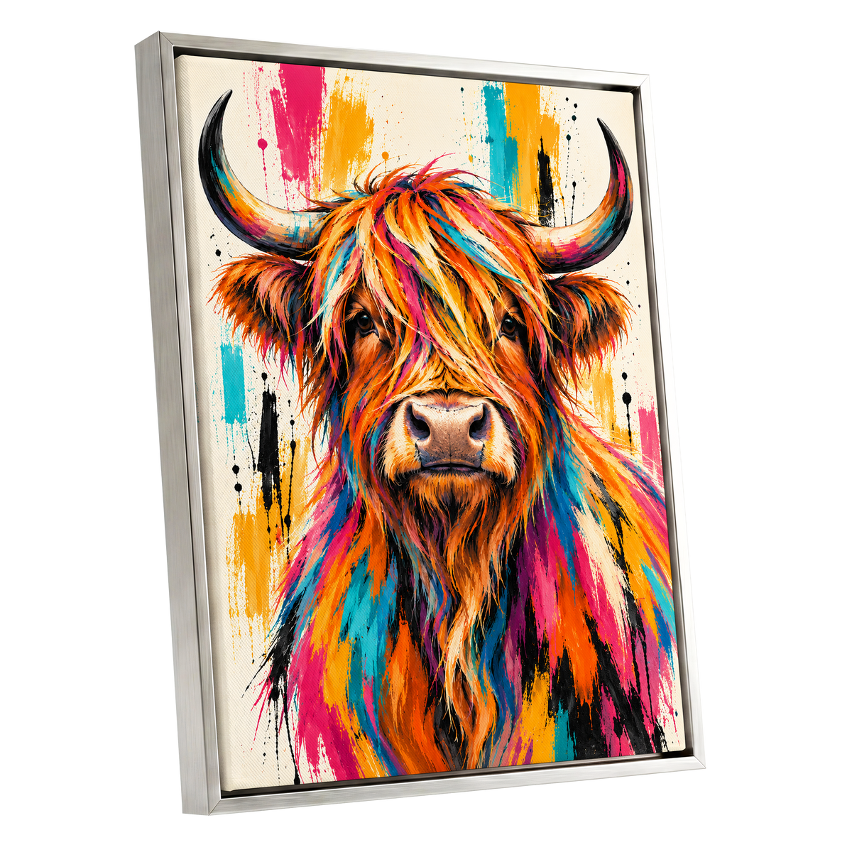 Highland Paintstorm, orange, pink, blue nature wall art shown as a silver framed canvas wall art