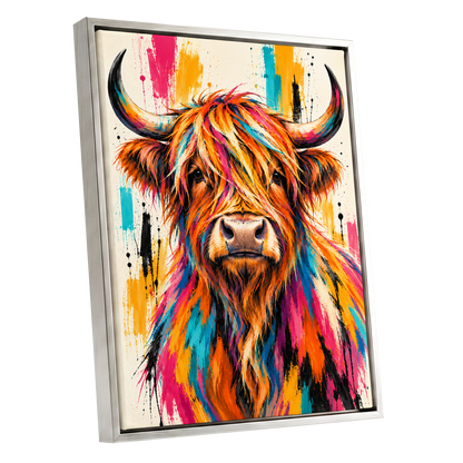 Highland Paintstorm, orange, pink, blue nature wall art shown as a silver framed canvas wall art