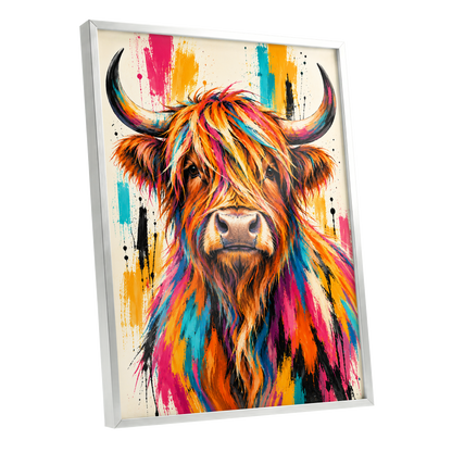 Highland Paintstorm, orange, pink, blue nature wall art shown as a silver framed poster wall art print