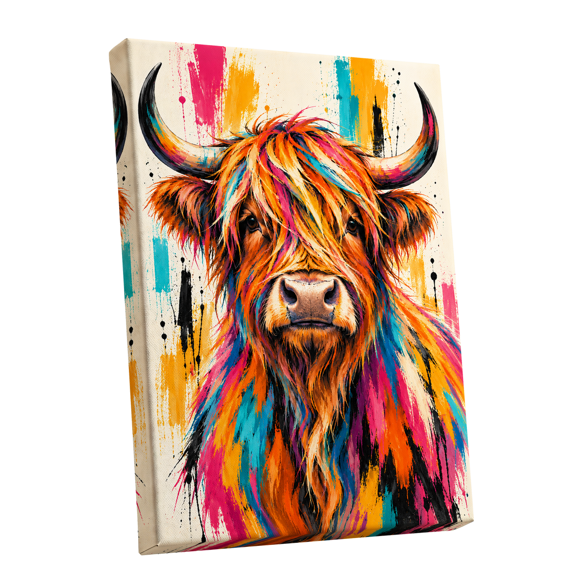 Highland Paintstorm, orange, pink, blue nature wall art shown as a stretched canvas wall art