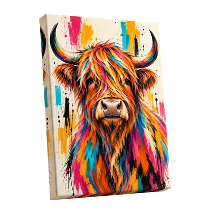 Highland Paintstorm, orange, pink, blue nature wall art shown as a stretched canvas wall art
