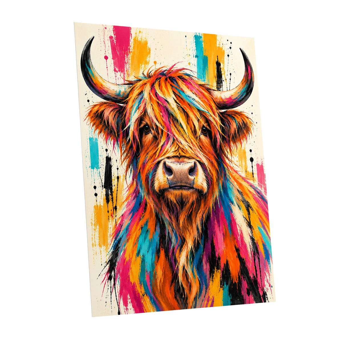 Highland Paintstorm, orange, pink, blue nature wall art shown as a unframed poster wall art print
