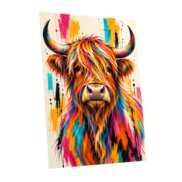Highland Paintstorm, orange, pink, blue nature wall art shown as a unframed poster wall art print