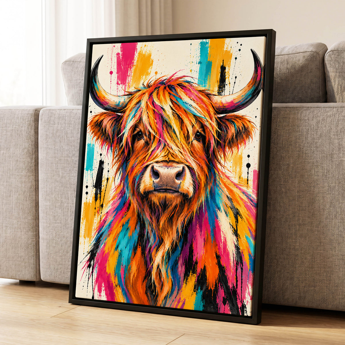 Highland Paintstorm, orange, pink, blue nature wall art displayed in a styled interior, gallery view 1