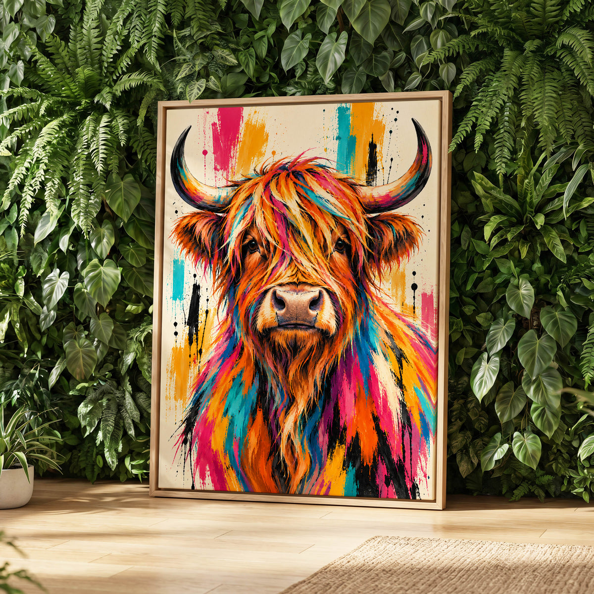 Highland Paintstorm, orange, pink, blue nature wall art displayed in a styled interior, gallery view 2
