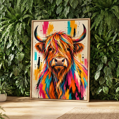Highland Paintstorm, orange, pink, blue nature wall art displayed in a styled interior, gallery view 2