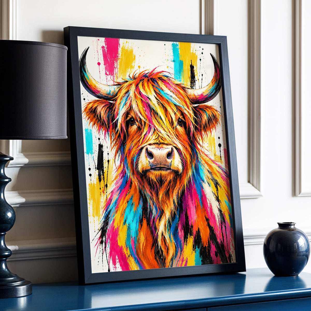 Highland Paintstorm, orange, pink, blue nature wall art displayed in a styled interior, gallery view 3