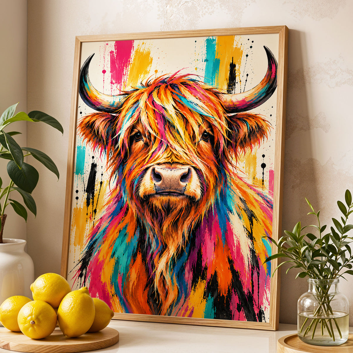 Highland Paintstorm, orange, pink, blue nature wall art displayed in a styled interior, gallery view 4