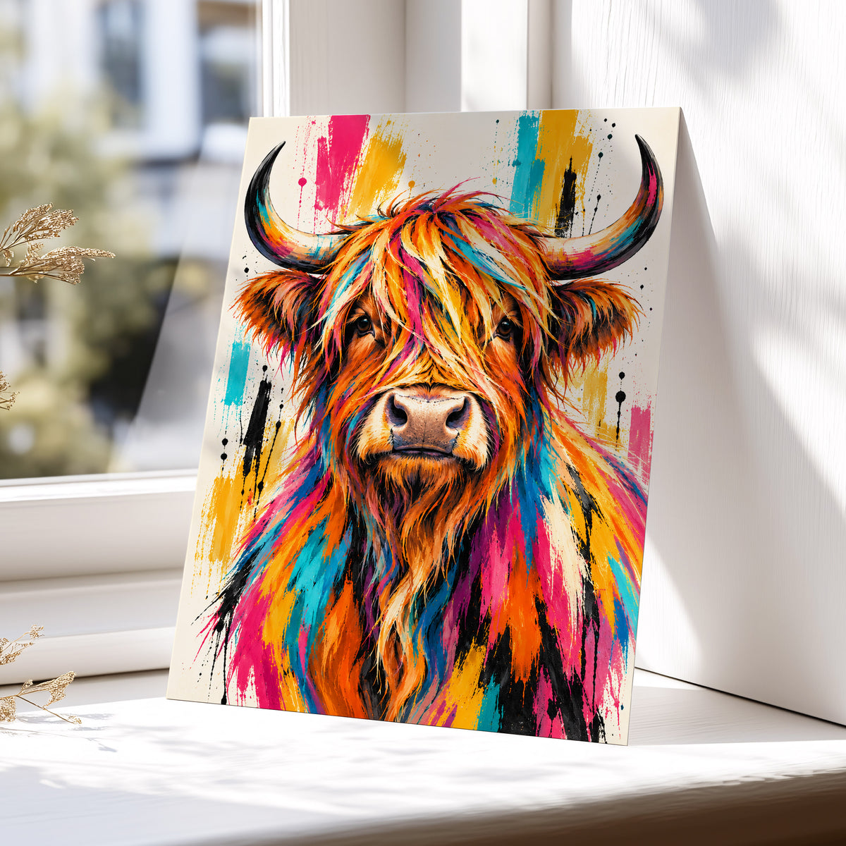 Highland Paintstorm, orange, pink, blue nature wall art displayed in a styled interior, gallery view 5