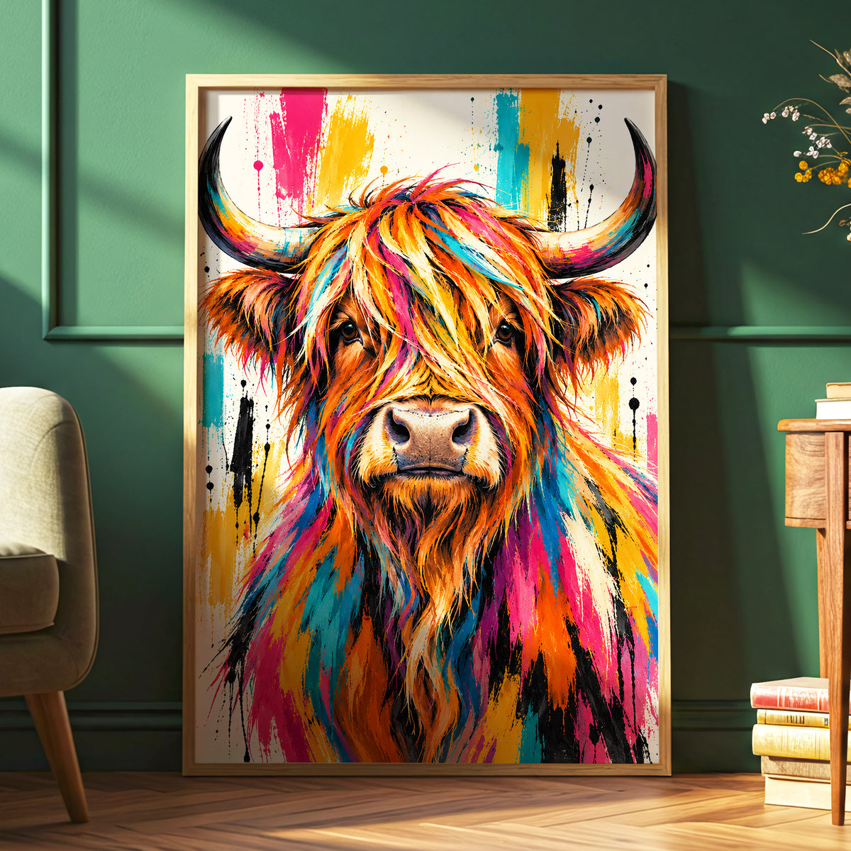 Highland Paintstorm, orange, pink, blue nature wall art displayed in a styled interior, gallery view 6