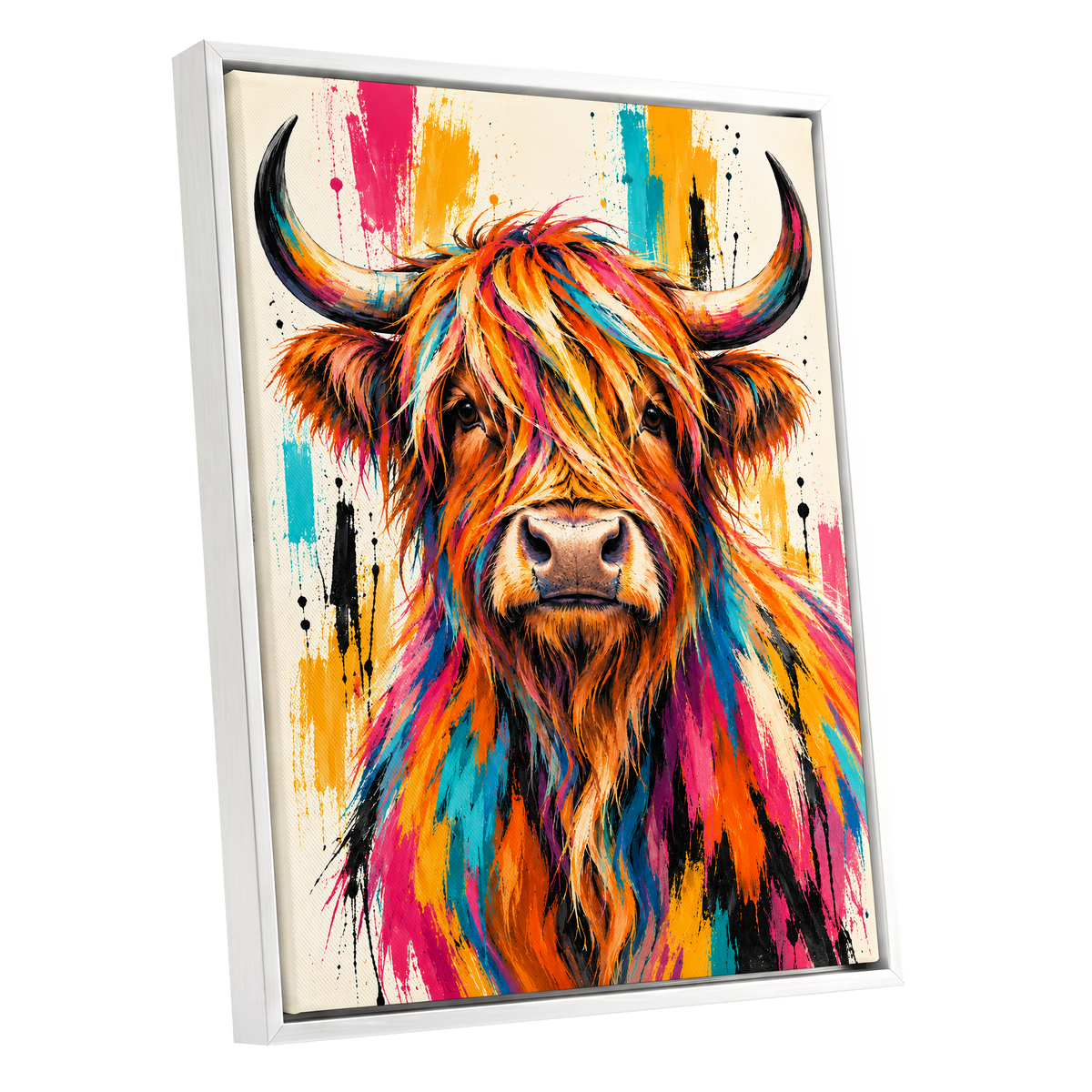 Highland Paintstorm, orange, pink, blue nature wall art shown as a white framed canvas wall art