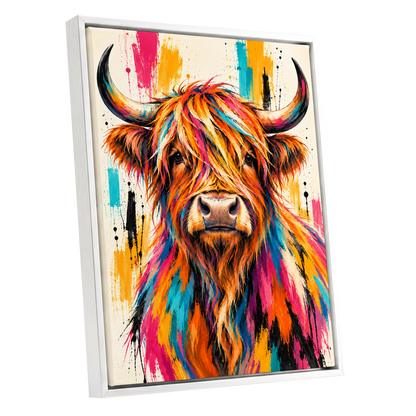 Highland Paintstorm, orange, pink, blue nature wall art shown as a white framed canvas wall art