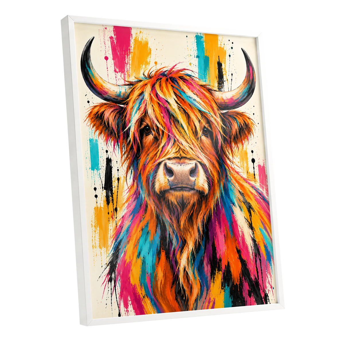 Highland Paintstorm, orange, pink, blue nature wall art shown as a white framed poster wall art print