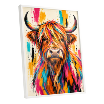 Highland Paintstorm, orange, pink, blue nature wall art shown as a white framed poster wall art print