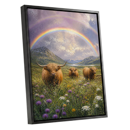 Highland Rainbow Herd, green, brown, purple nature wall art shown as a black framed canvas wall art