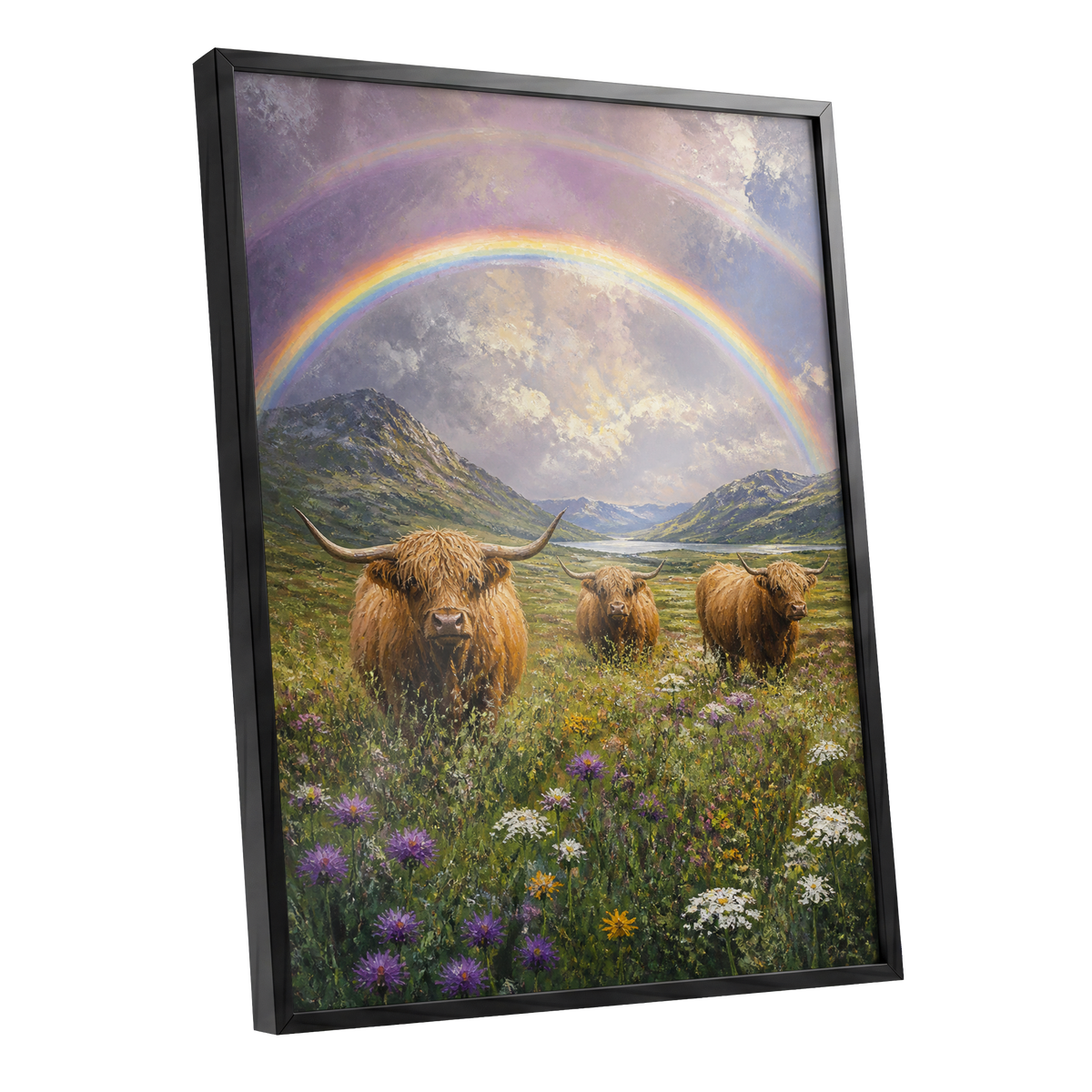 Highland Rainbow Herd, green, brown, purple nature wall art shown as a black framed poster wall art print