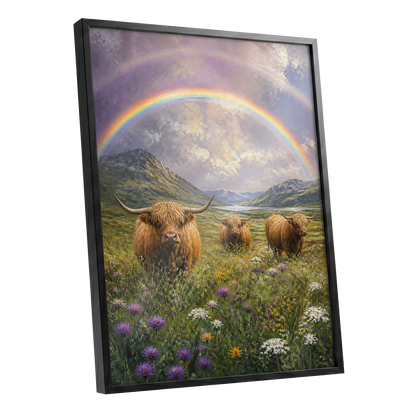 Highland Rainbow Herd, green, brown, purple nature wall art shown as a black framed poster wall art print