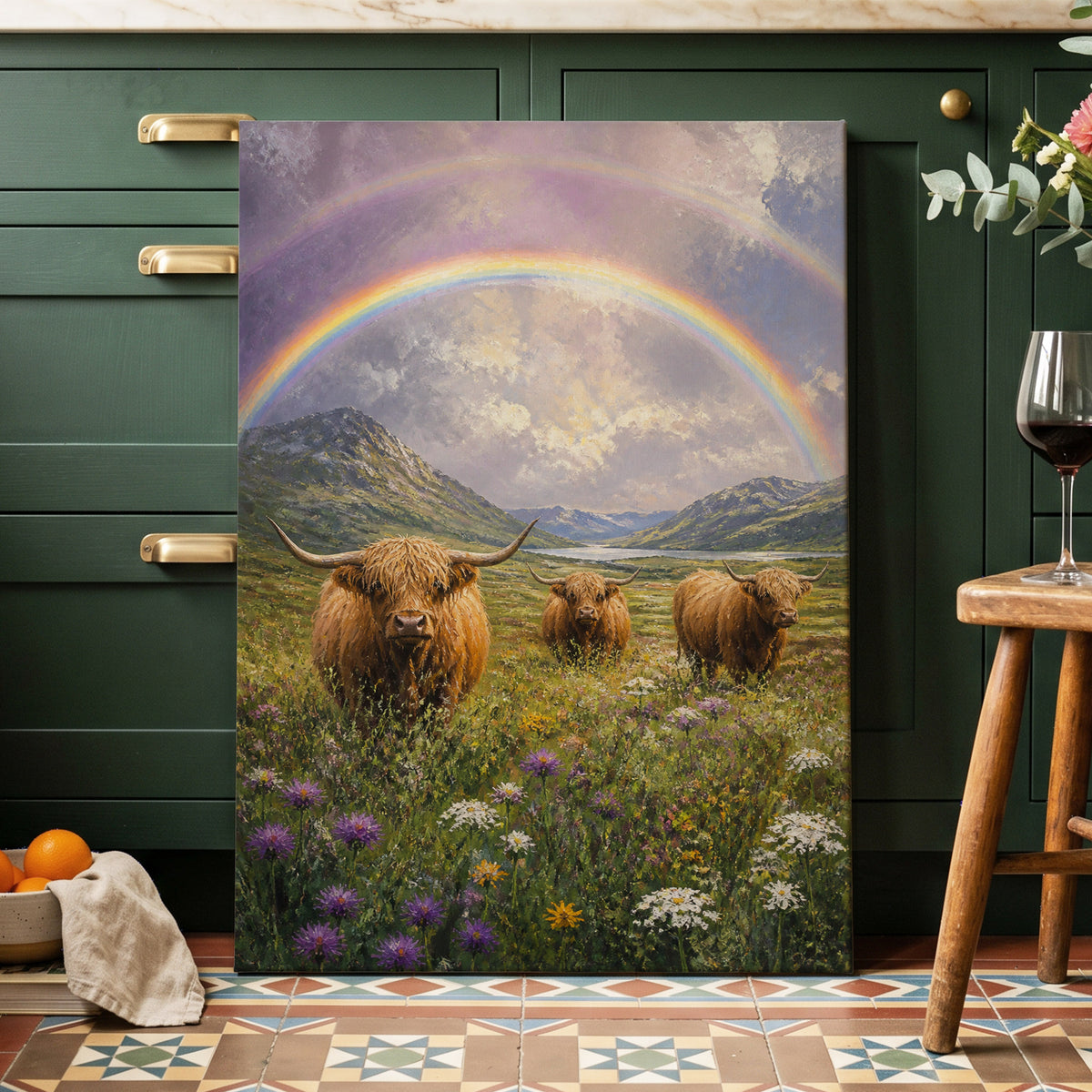 Highland Rainbow Herd, green, brown, purple nature wall art on canvas displayed in a styled interior, gallery view 1