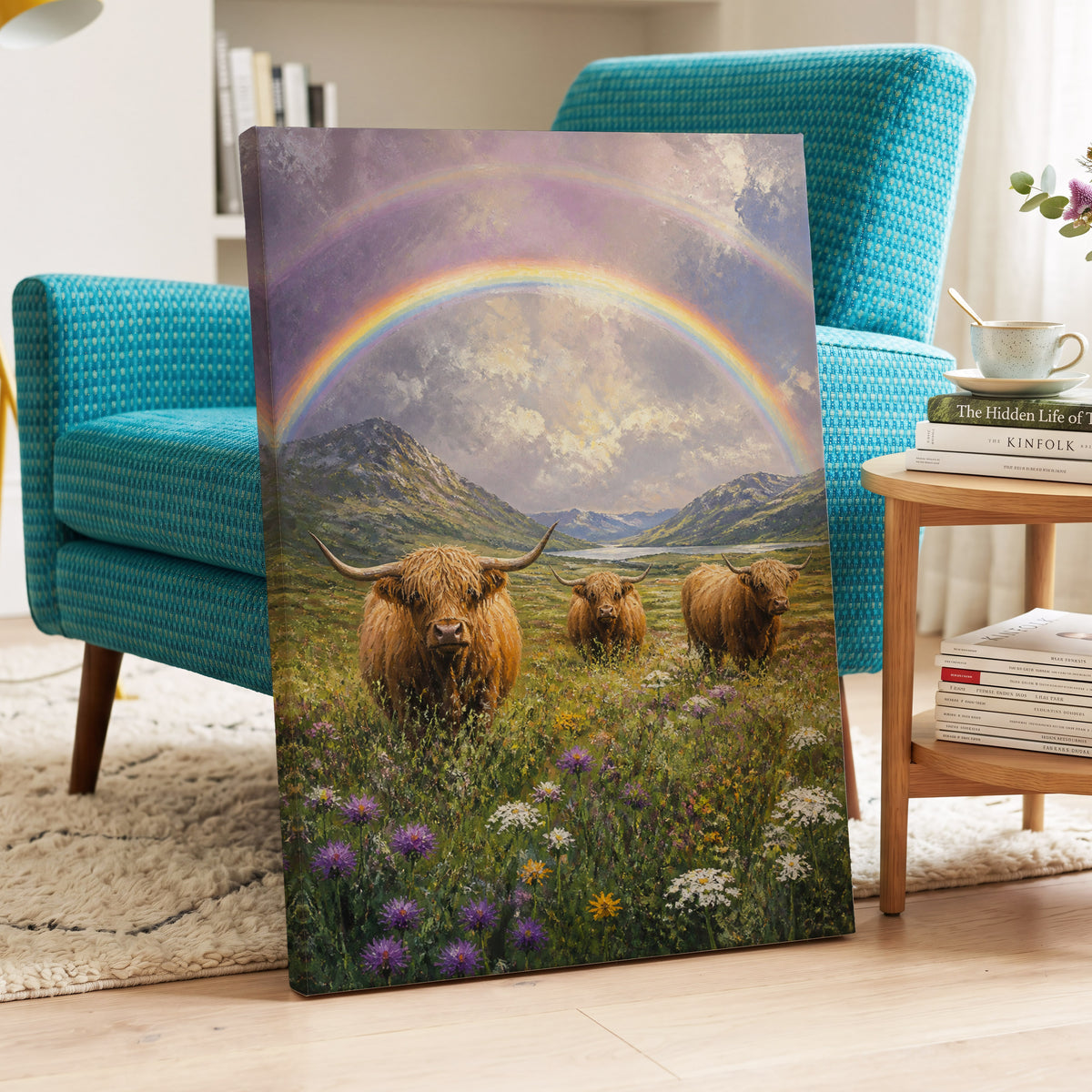 Highland Rainbow Herd, green, brown, purple nature wall art on canvas displayed in a styled interior, gallery view 2