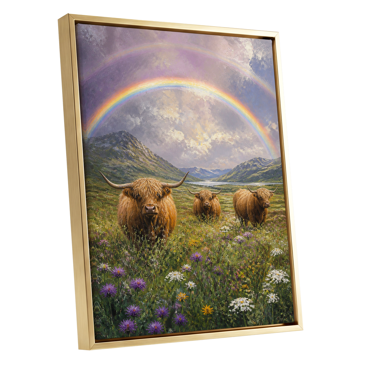 Highland Rainbow Herd, green, brown, purple nature wall art shown as a gold framed canvas wall art