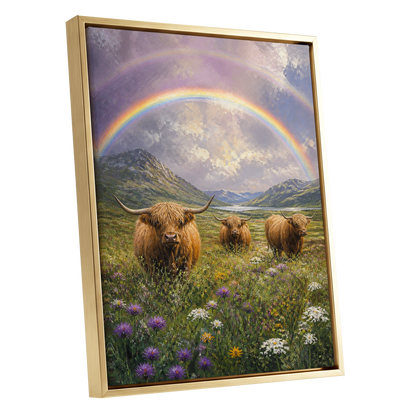 Highland Rainbow Herd, green, brown, purple nature wall art shown as a gold framed canvas wall art