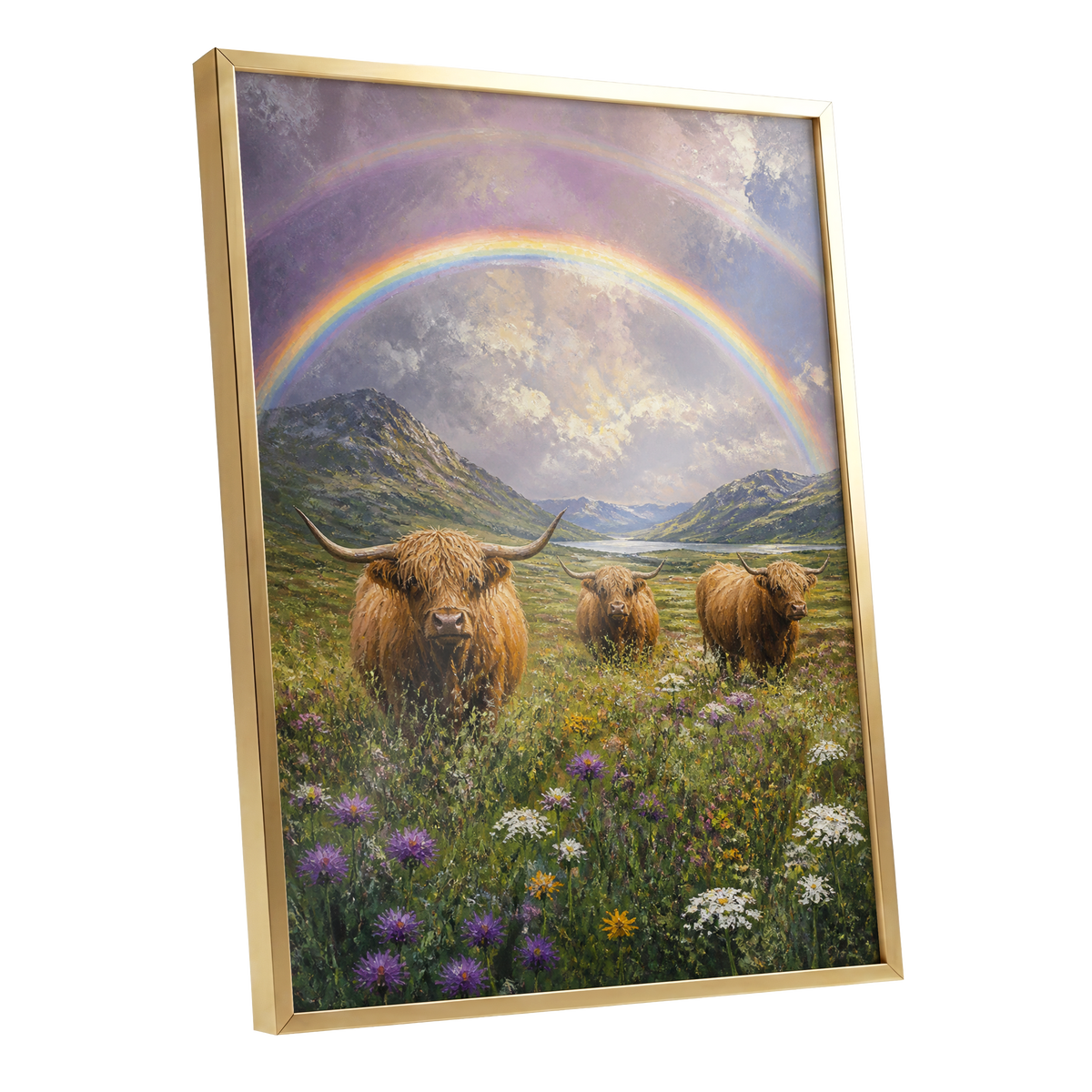 Highland Rainbow Herd, green, brown, purple nature wall art shown as a gold framed poster wall art print