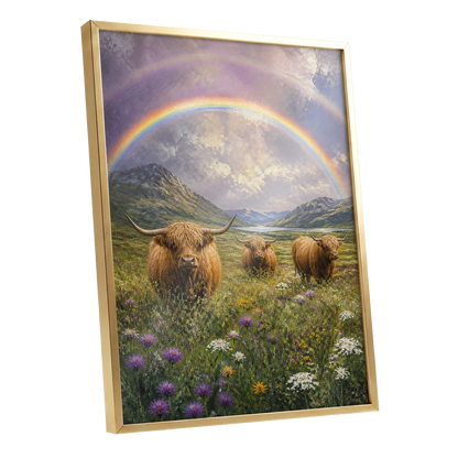 Highland Rainbow Herd, green, brown, purple nature wall art shown as a gold framed poster wall art print