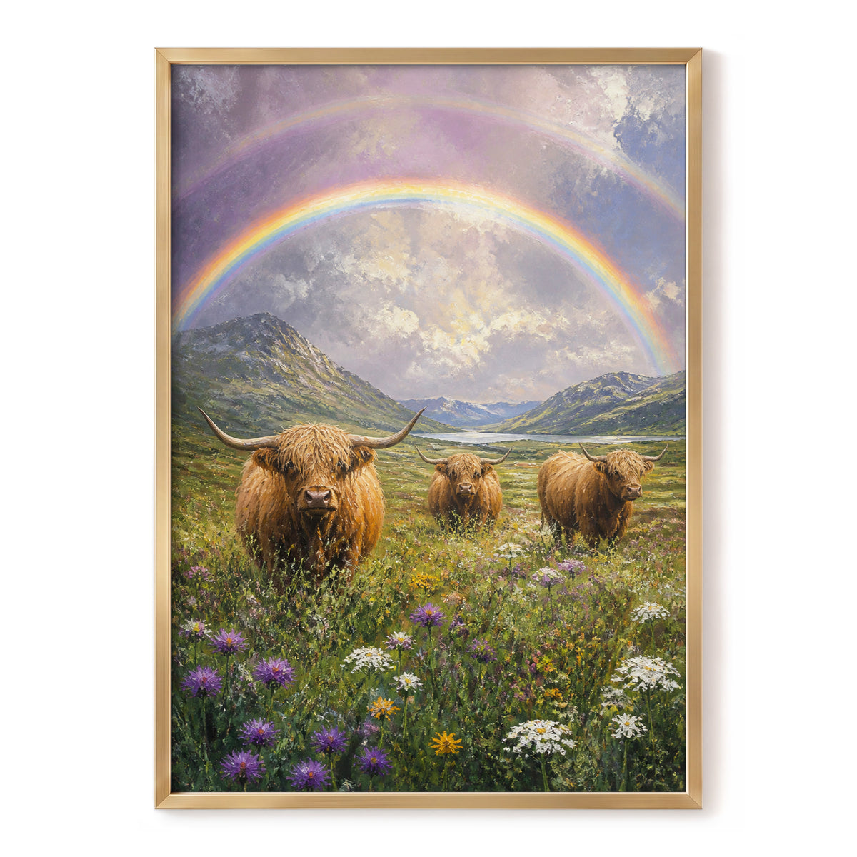 Highland Rainbow Herd, green, brown, purple nature wall art, front artwork view