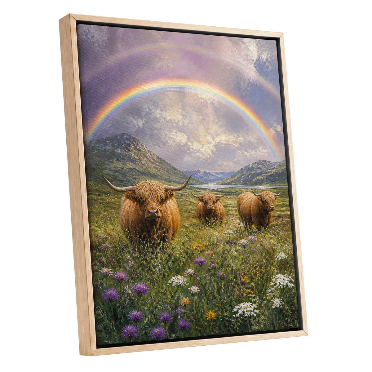 Highland Rainbow Herd, green, brown, purple nature wall art shown as a oak framed canvas wall art