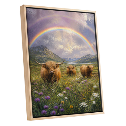 Highland Rainbow Herd, green, brown, purple nature wall art shown as a oak framed canvas wall art