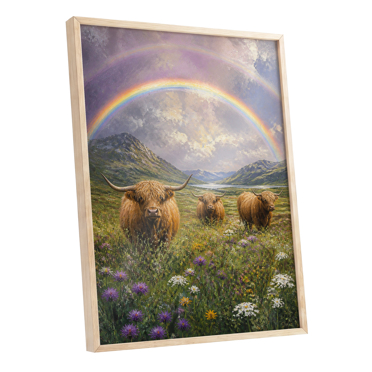 Highland Rainbow Herd, green, brown, purple nature wall art shown as a oak framed poster wall art print