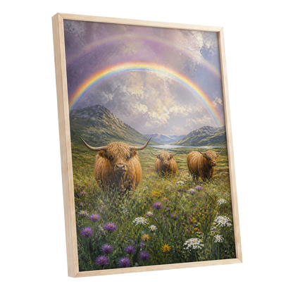 Highland Rainbow Herd, green, brown, purple nature wall art shown as a oak framed poster wall art print