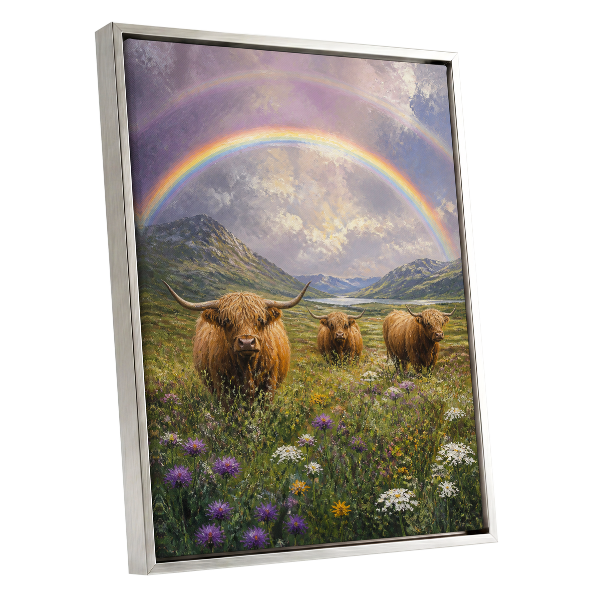 Highland Rainbow Herd, green, brown, purple nature wall art shown as a silver framed canvas wall art